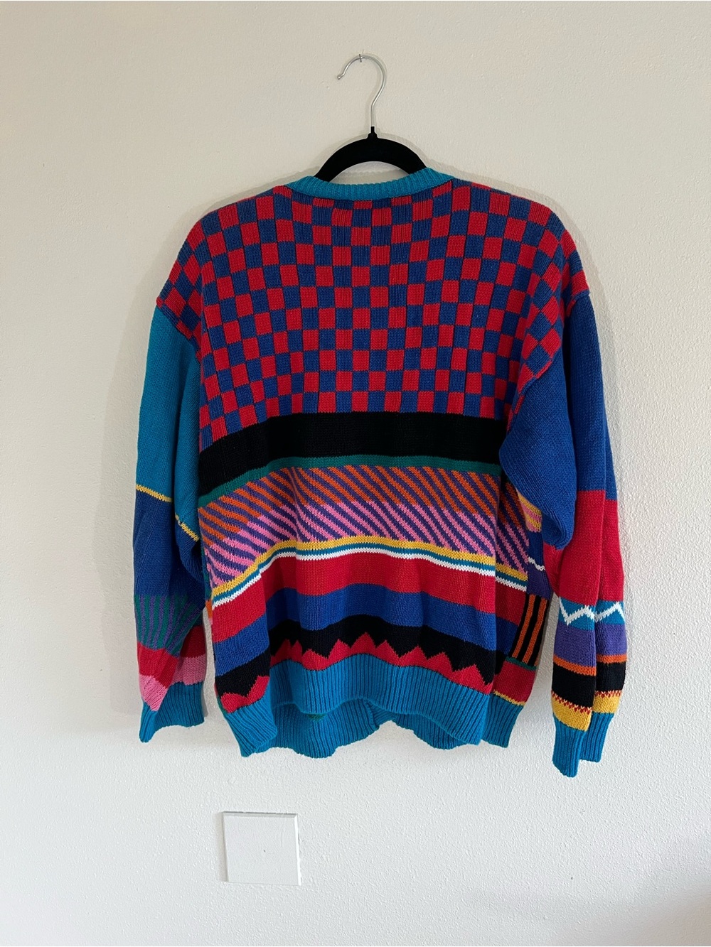 Colorblock Geometric Women’s Cardigan Sweater - Teal Multi, Unique Pattern - Picture 2 of 4